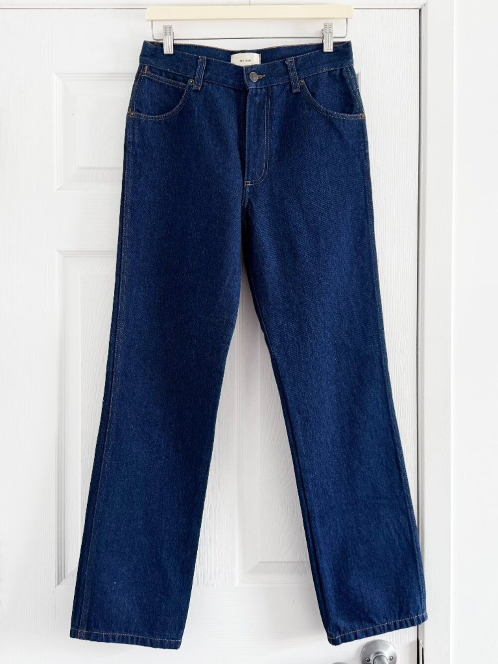 The Row Dark Indigo Straight Leg Jeans, size 4